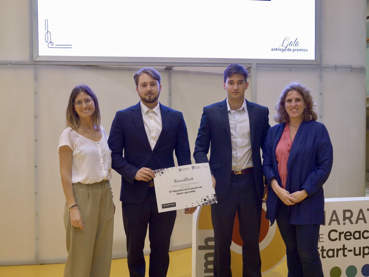 NeuroBlock_'s tweet photo. Hoy asistimos a la gala de Premios de la 13ª Maratón de Start-ups UMH y #NeuroBlock fue uno de los ganadores. Gracias a @LevantinaGroup y @SoltecPower tendremos 6 meses más de mentoring. Además, recibimos un premio de 10 mil euros de @bancosantander.

 #UMH #ParqueCientíficoUMH https://t.co/7yRyDtZmKe