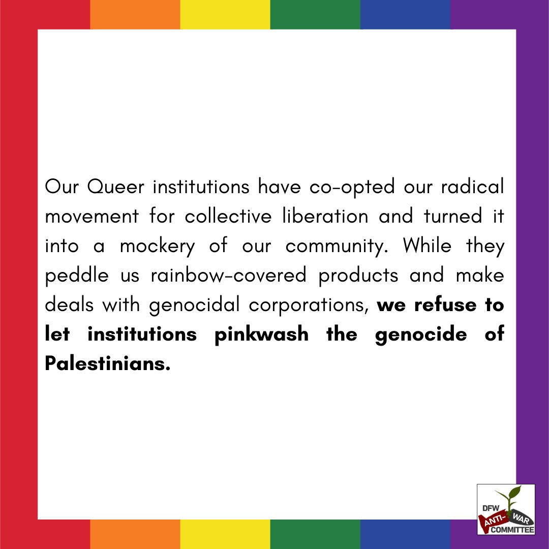DFWAntiWar's tweet photo. A message from DAWC: No Pride in Genocide! (2/2) https://t.co/VG7ZiWG2mi