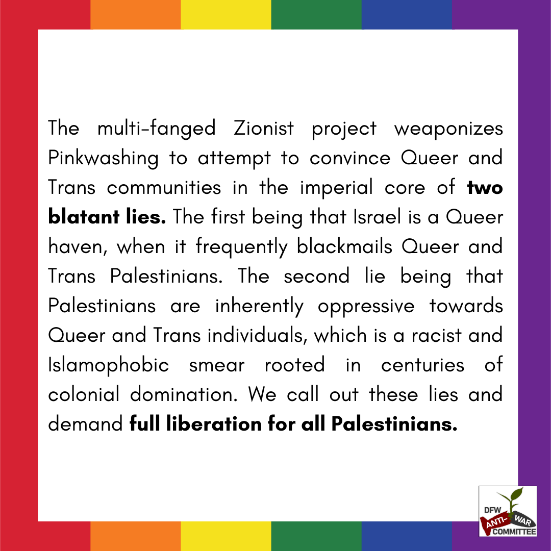 DFWAntiWar's tweet photo. A message from DAWC: No Pride in Genocide! (1/2) https://t.co/nZ6N761RGn