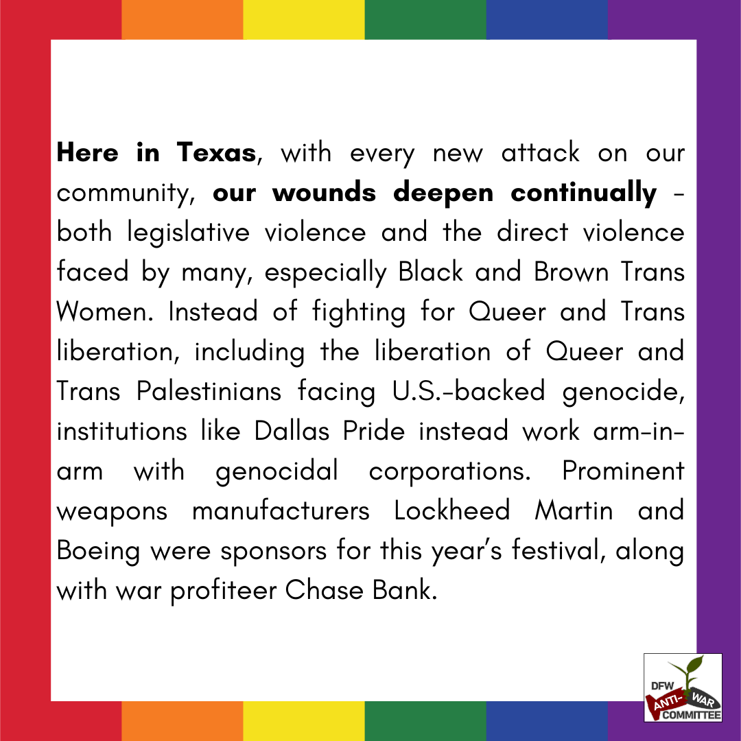 DFWAntiWar's tweet photo. A message from DAWC: No Pride in Genocide! (1/2) https://t.co/nZ6N761RGn