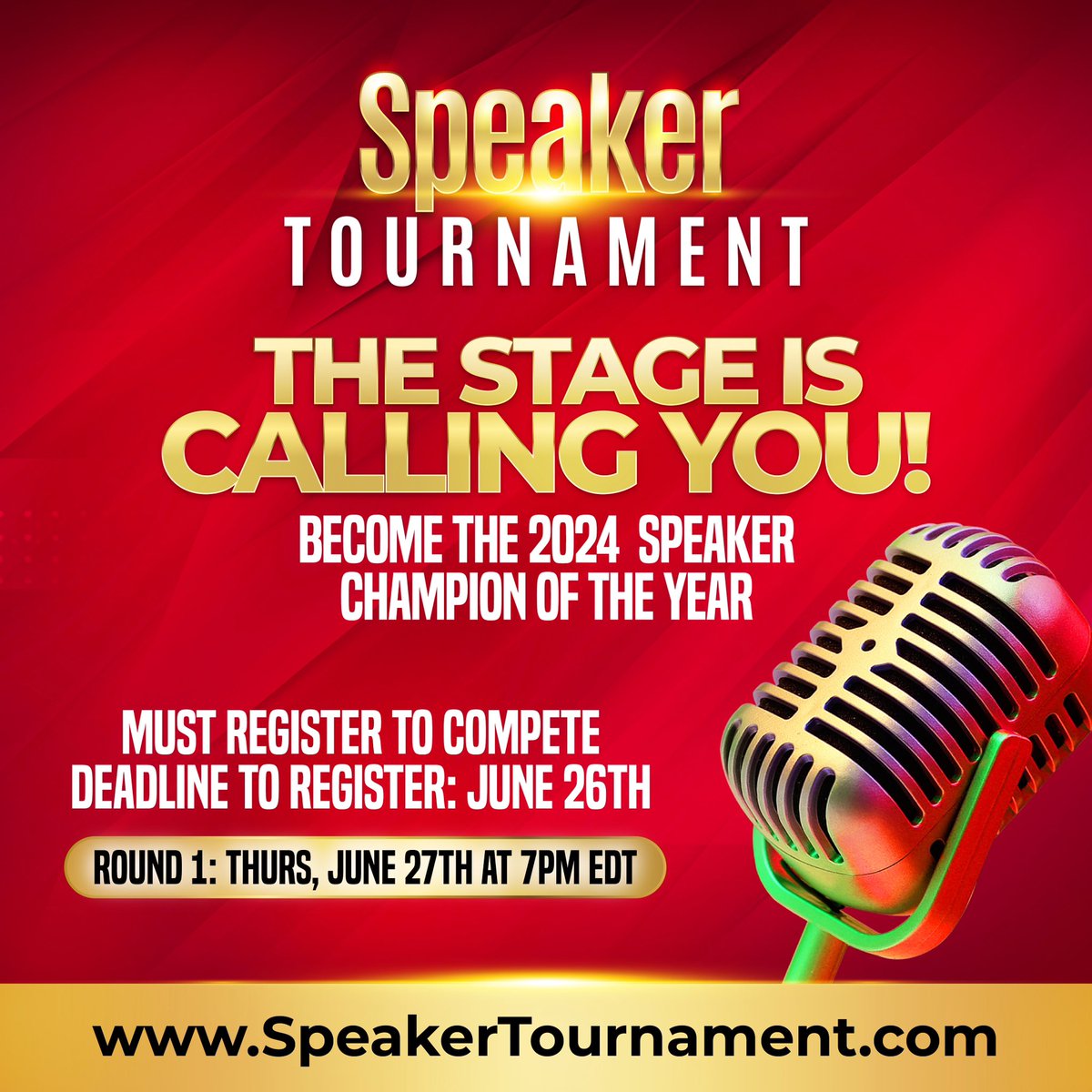 Here’s your big chance to take the big stage. Be a contestant in our 2024 Speaker Tournament for the chance to earn the coveted title “SPEAKER CHAMPION OF THE YEAR”! speakertournament.com

The first round is Thurs, June 27th at 7pm ET.  Register at speakertournament.com.