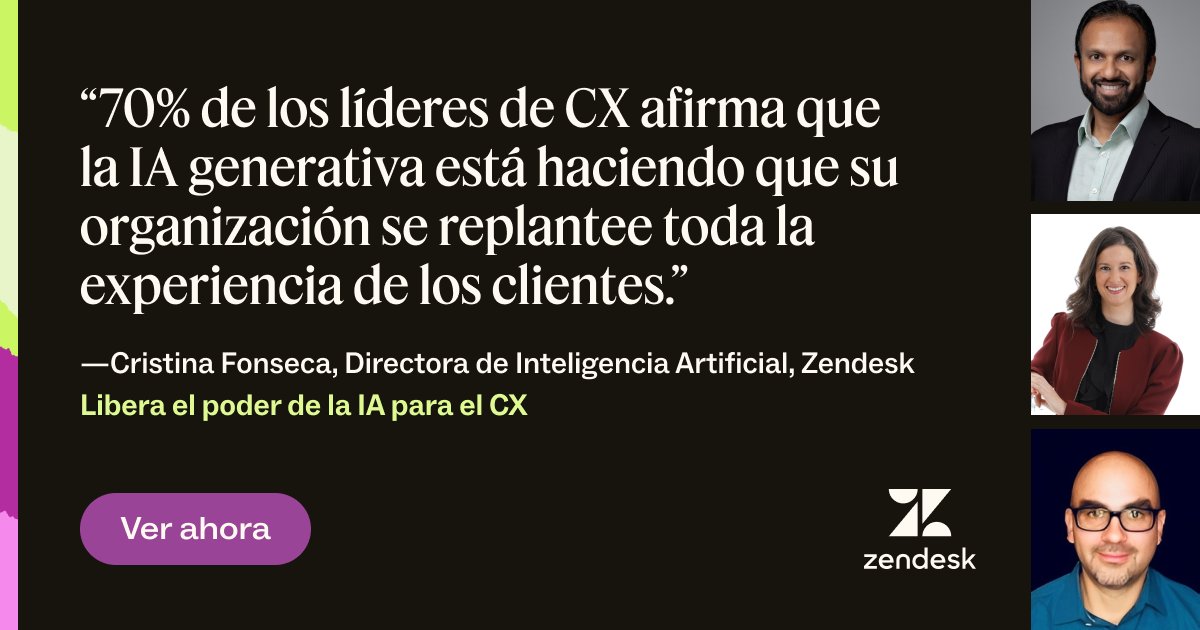 💡 Si no pudiste asistir o quieres volver a ver nuestro webinar sobre #IA para la #ExperienciaDelCliente, accede al contenido on-demand aquí: zdsk.co/4bYuJX8
Recibe consejos y buenas prácticas de líderes de IDC, AWS y Zendesk para crear mejores experiencias.