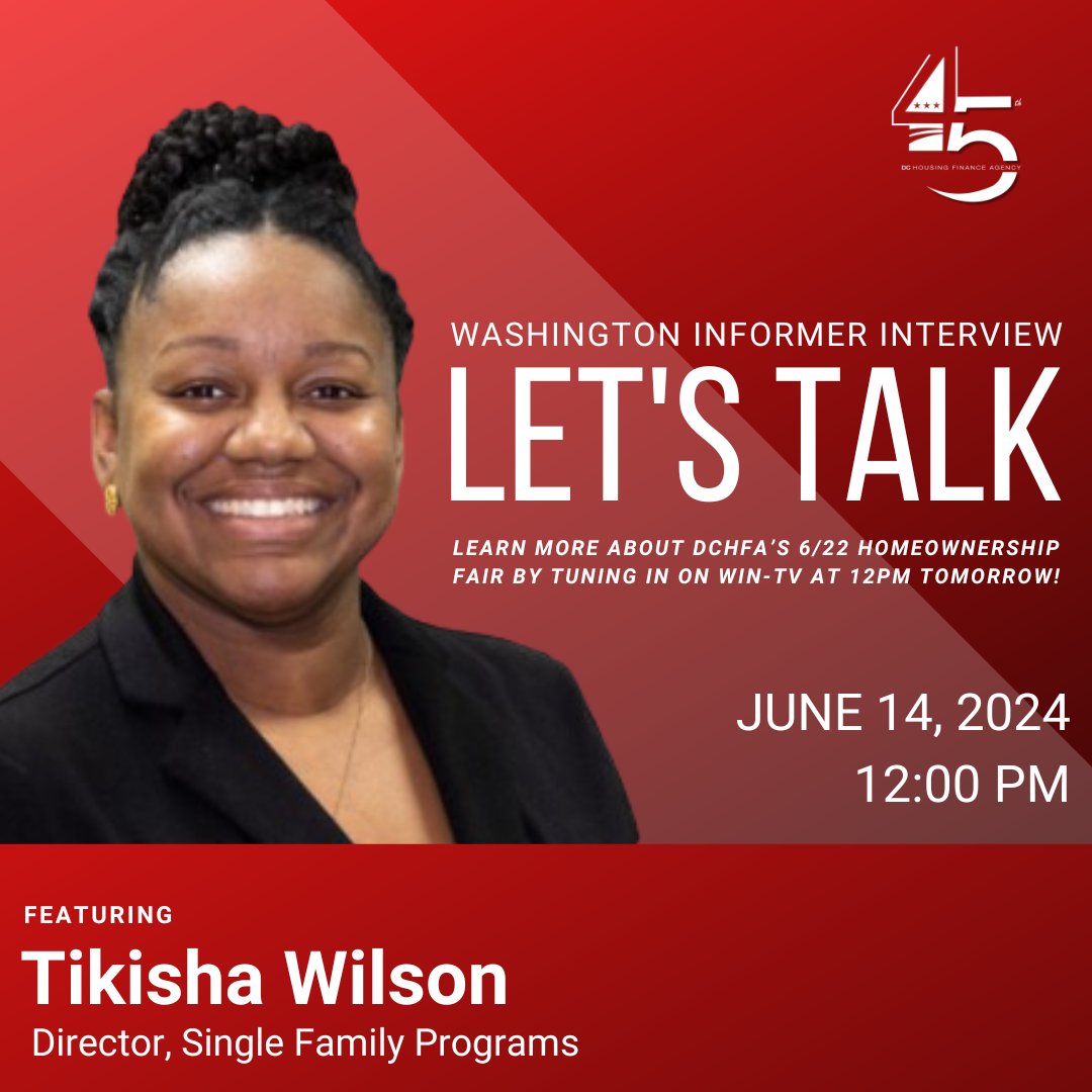 DCHFA's tweet photo. Let's talk about homeownership! Tune in tomorrow at 12PM to learn more about DCHFA’s homeownership programs and our upcoming Homeownership Fair. Streamed live on @WashInformer’s YouTube, Facebook, and X.

#WeAreDCHFA #DCHFA45 https://t.co/CK1hwqcCmM