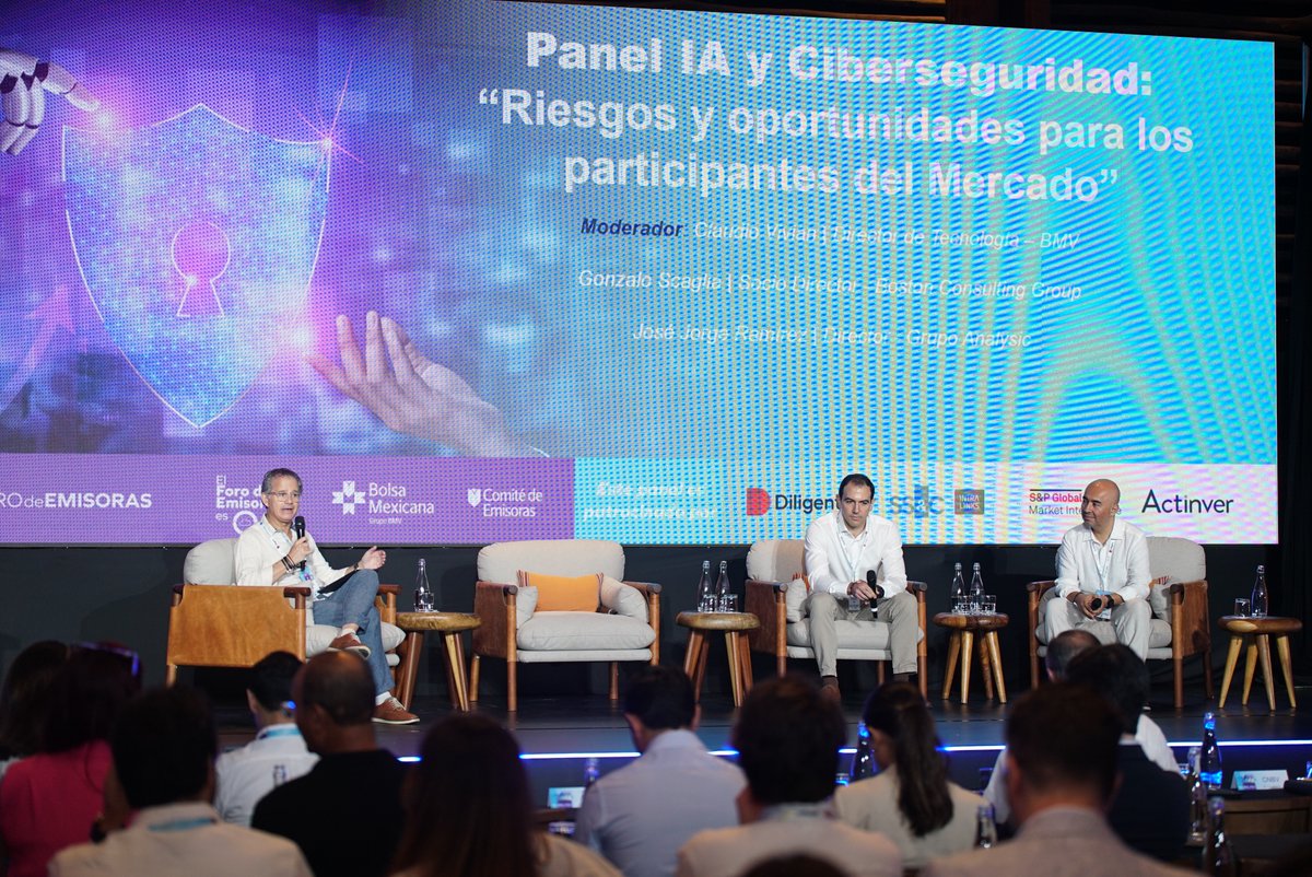 BMVMercados's tweet photo. 🎤 Claudio Vivian, Director de Tecnología del Grupo Bolsa Mexicana de Valores,  Gonzalo Scaglia, Socio Director de @BCG y Jose Jorge Ramirez Olvera, Director de Grupo @Analysic, participaron en el Panel: 🔐🤖 "AI y Ciberseguridad: Los riesgos y oportunidades para los participantes del Mercado". Se discutieron tendencias tecnológicas aplicables al desarrollo de negocios de empresas listadas en Bolsa.

#Ciberseguridad #AI #BolsaMexicana #ForoDeEmisoras