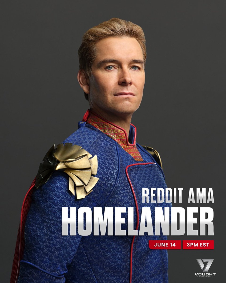 VoughtIntl's tweet photo. With his sham of a trial complete and his gag order lifted, Homelander can FINALLY tell his side of the story. Join him for his first ever Reddit AMA tomorrow at noon PT where he can answer your questions directly, without his words being twisted by the lamestream media! https://t.co/wo7CAcNxOX