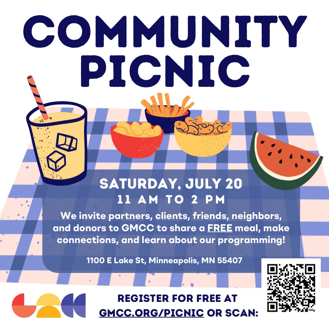 GMCC_mn's tweet image. You’re Invited! On Saturday, July 20, GMCC is having a FREE Community Picnic open to all - partners, clients, friends, neighbors, and donors! 

Come share a meal, make connections, and learn about GMCC’s programming! RSVP at gmcc.org/picnic