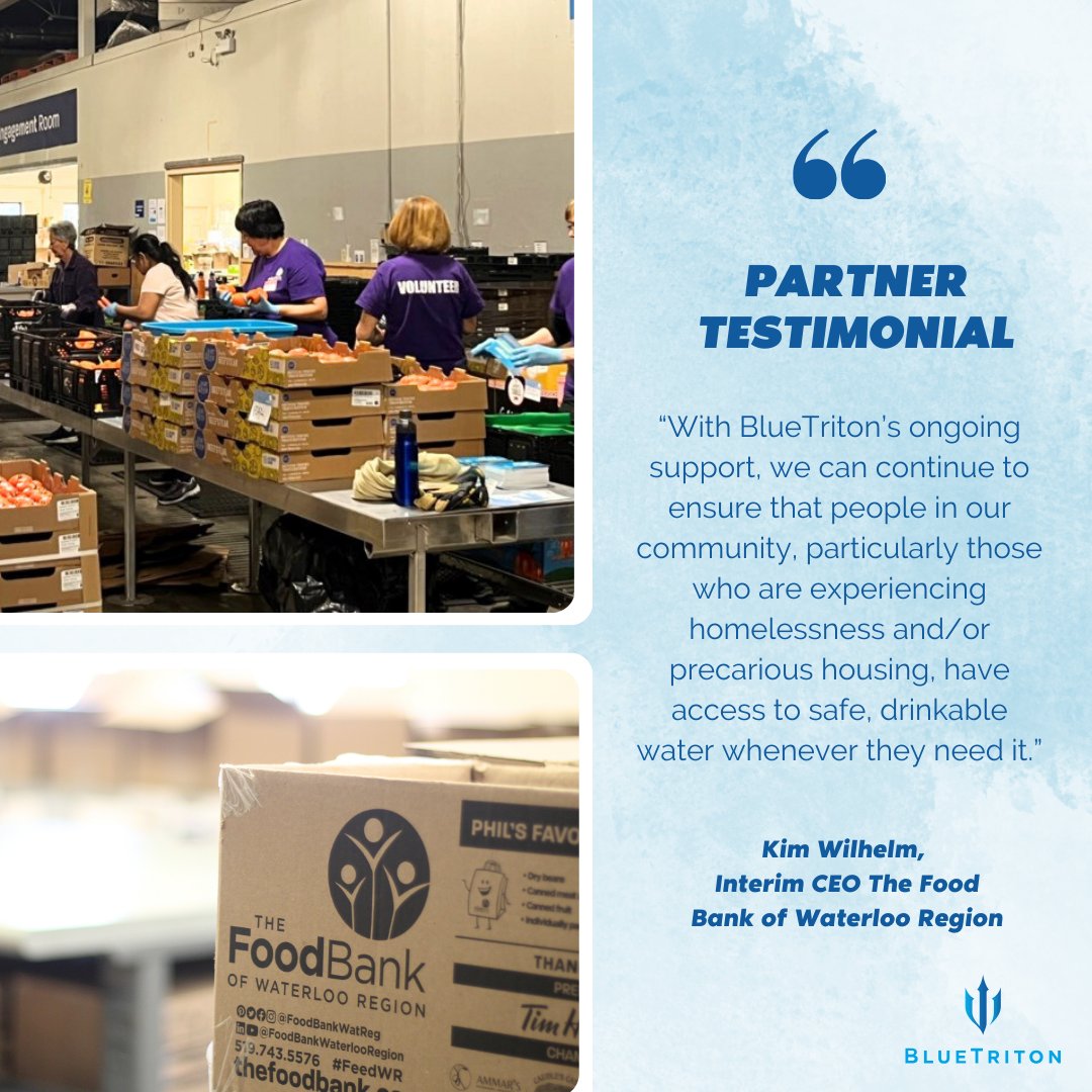 BlueTriton Brands is proud to support @foodbankwatreg and leaders like Kim Willhelm, CEO at The Food Bank of Waterloo Region. Since 2020, we’ve donated bottled water to help combat food and water insecurity. Safe, portable water is crucial for those experiencing homelessness.