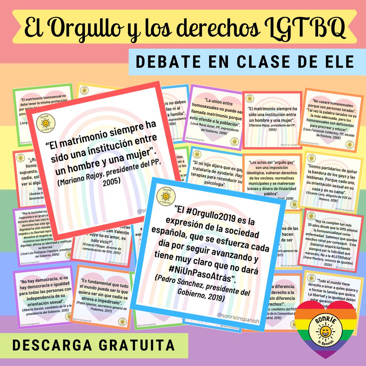 sonrieinspanish's tweet image. June is #Pride & this resource is always a success in our KS5 lessons 🏳️🌈 24 cards with statements made by politicians about homosexuality. They can be used for debates or as a starting point for writing. RT/comment for the free download link