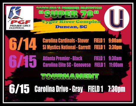 Alyssa Shultz (@alyssas2025) on Twitter photo Schedule for Friday and Saturday in SC for the Carolina Premier Super 78. 🧡💜🥎. <a href="/vaunitycurry/">VA Unity - Curry</a> Schedule for Friday and Saturday in SC for the Carolina Premier Super 78. 🧡💜🥎. <a href="/vaunitycurry/">VA Unity - Curry</a>