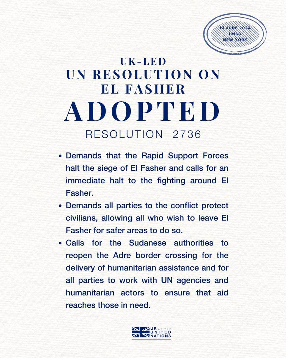 ADOPTED: the Security Council has passed a UK-led resolution demanding the Rapid Support Forces immediately stop the siege of El Fasher, Sudan.

An attack on the city would be catastrophic for the 1.5 million Sudanese civilians sheltering there.