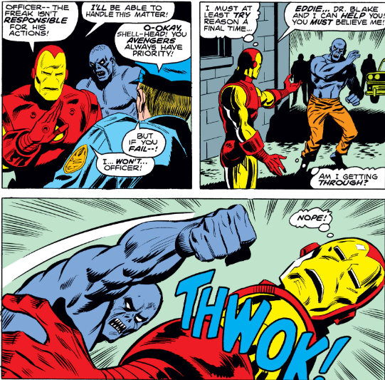 MarvelADay's tweet photo. #MarvelADay #IM67 Iron Man tries reasoning with Freak 2 with very predictable results. THWOK! - VA https://t.co/PVEJ9KNm1c