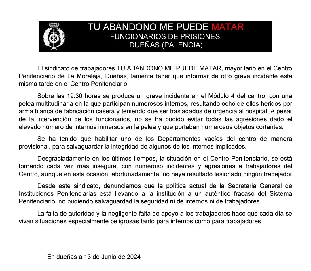Comunicado de la sección de <a href="/tu_abandono/">Tu abandono me puede MATAR</a>  en Dueñas  sobre los GRAVÍSIMOS hechos que han tenido esta tarde en nuestro centro con una batalla campal entre internos #tuabandono <a href="/tu_abandono/">Tu abandono me puede MATAR</a> #dueñas