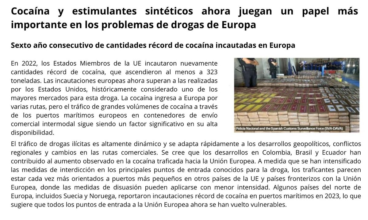 OjoSecoEcuador's tweet photo. El informe señala que en 2023, #España realizó su mayor incautación de cocaína en un solo envío, con 9,5 toneladas de la droga ocultas en un cargamento de bananas procedentes de #Ecuador.
#Naportec #Dpworld @PuertoGye @SENAE_Aduana @RealidadPuertos @corrupcionport1 https://t.co/cJU0arrrwQ
