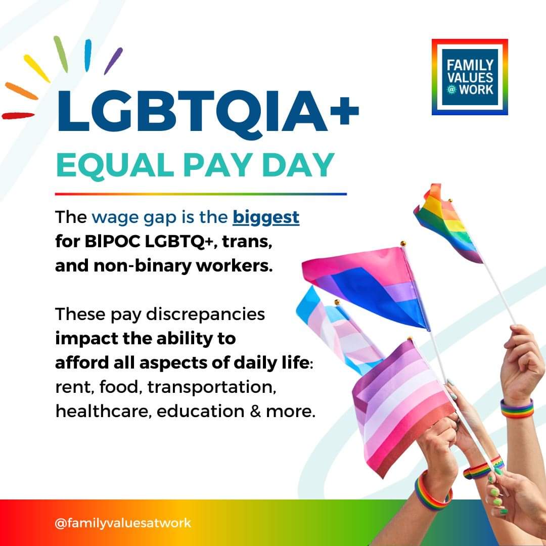 Our quest for #Equalpay is intersectional- recognizing the larger wage gap experienced by transgender, gender non-conforming individuals, LGBTQIA+ BIPOC, women, and immigrants. 🌈
 #PaidLeave #PrideInYourPay #LGBTQIAEqualPay #JusticeSeeking #MFSAVoices