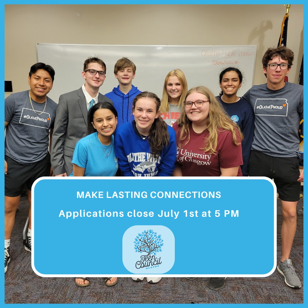 tcolathe's tweet photo. Here's just 4 of the many reasons why you
should apply to Teen Council. Remember submit your
application via the link in our bio by July 1st at 5. 

Applications are open to any high school student who
lives in Olathe regardless of where they go to school. https://t.co/foiW5hUx5J