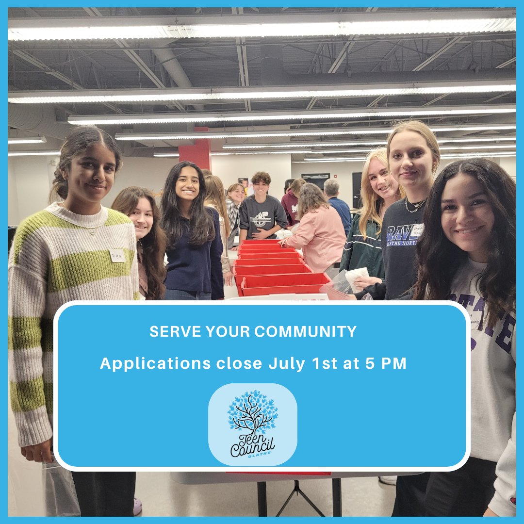 tcolathe's tweet photo. Here's just 4 of the many reasons why you
should apply to Teen Council. Remember submit your
application via the link in our bio by July 1st at 5. 

Applications are open to any high school student who
lives in Olathe regardless of where they go to school. https://t.co/foiW5hUx5J