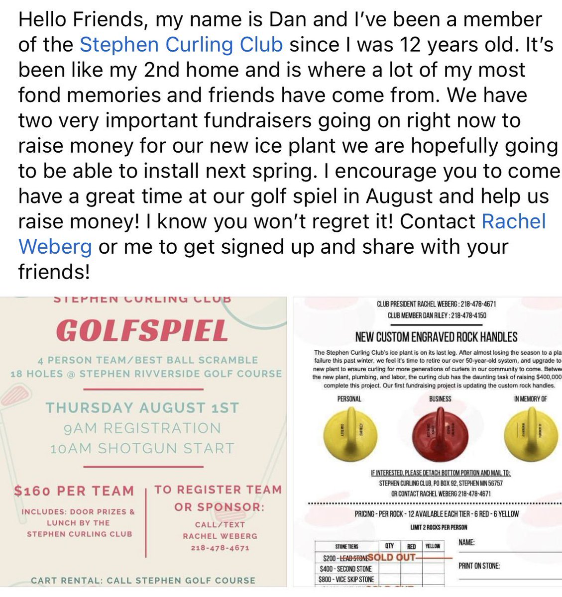 Dan Riley (@rile0151) on Twitter photo Come Golf with the <a href="/CurlingStephen/">Stephen Curling Club</a> and help us raise money for our new ice plant! <a href="/GraftonCurling/">Grafton Curling Club</a> <a href="/HallockCurling/">Hallock Curling Club</a> <a href="/GrandForksCurl/">Grand Forks Curling</a> <a href="/FMCurlingClub/">Fargo Moorhead Curling Club</a> <a href="/DuluthCurling/">Duluth Curling Club</a> Come Golf with the <a href="/CurlingStephen/">Stephen Curling Club</a> and help us raise money for our new ice plant! <a href="/GraftonCurling/">Grafton Curling Club</a> <a href="/HallockCurling/">Hallock Curling Club</a> <a href="/GrandForksCurl/">Grand Forks Curling</a> <a href="/FMCurlingClub/">Fargo Moorhead Curling Club</a> <a href="/DuluthCurling/">Duluth Curling Club</a>