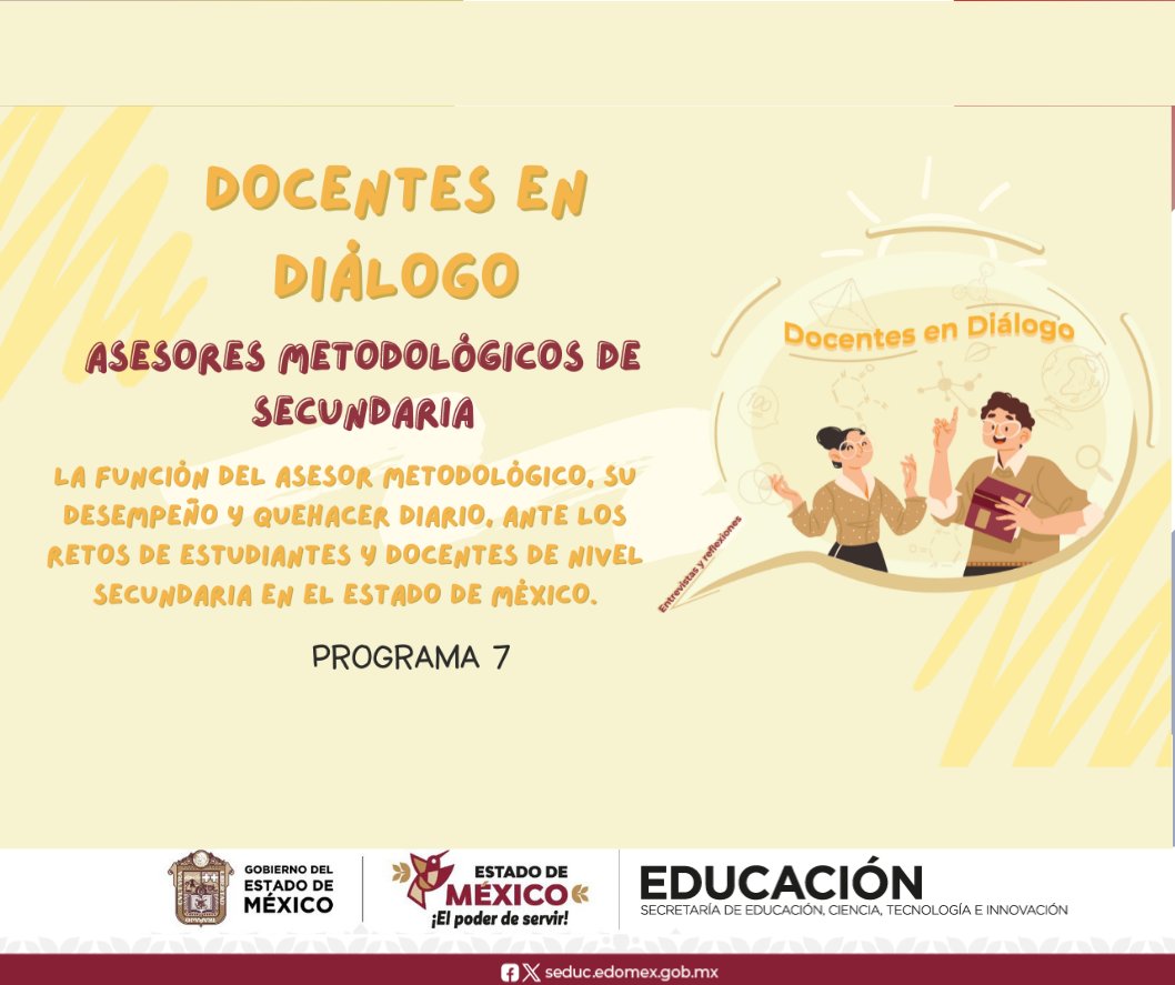 SubdireccionC's tweet photo. 13 DE JUNIO, PROGRAMA 7  PROYECTO DOCENTES EN DIÁLOGO
Hoy una amena charla sobre el tema: La función del Asesor Metodológico, su desempeño y quehacer diario, ante los retos de estudiantes y docentes de nivel secundaria.
13 junio 24 16:00 hrs. YouTube.
https://t.co/SvW8mihenz https://t.co/CUkFBkyDuE