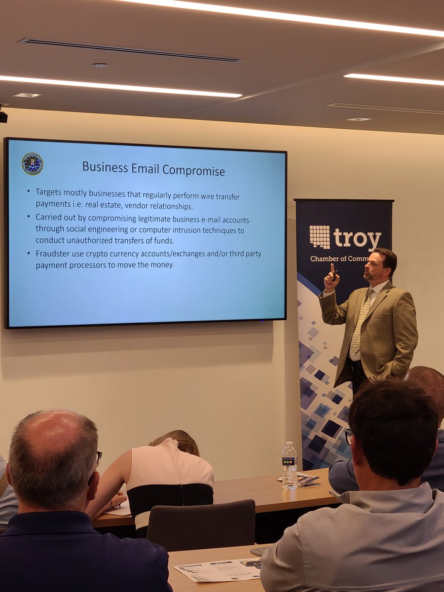 TroyChamberMI's tweet photo. Great CEO Series this morning featuring SAC Shea Gibson and SSA Bryan Drake of the FBI Detroit Field Office! Both Gibson and Drake spoke on the FBI perspective on Identity Theft, Fraud, Elder Justice and Business Email Compromise. https://t.co/VlszoU44Xv