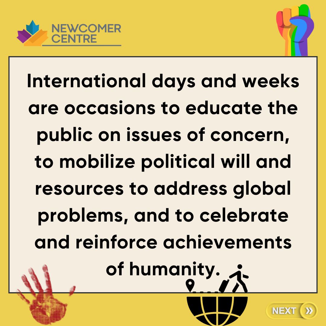 YEGNewcomers's tweet photo. Why do we mark National/International Days?β
International days and weeks are occasions to educate the public on issues of concern, to mobilize political will and resources to address global problems & to celebrate & reinforce achievements of humanity.
#Fyp #fypage #communityyeg https://t.co/6LZ5LFC001