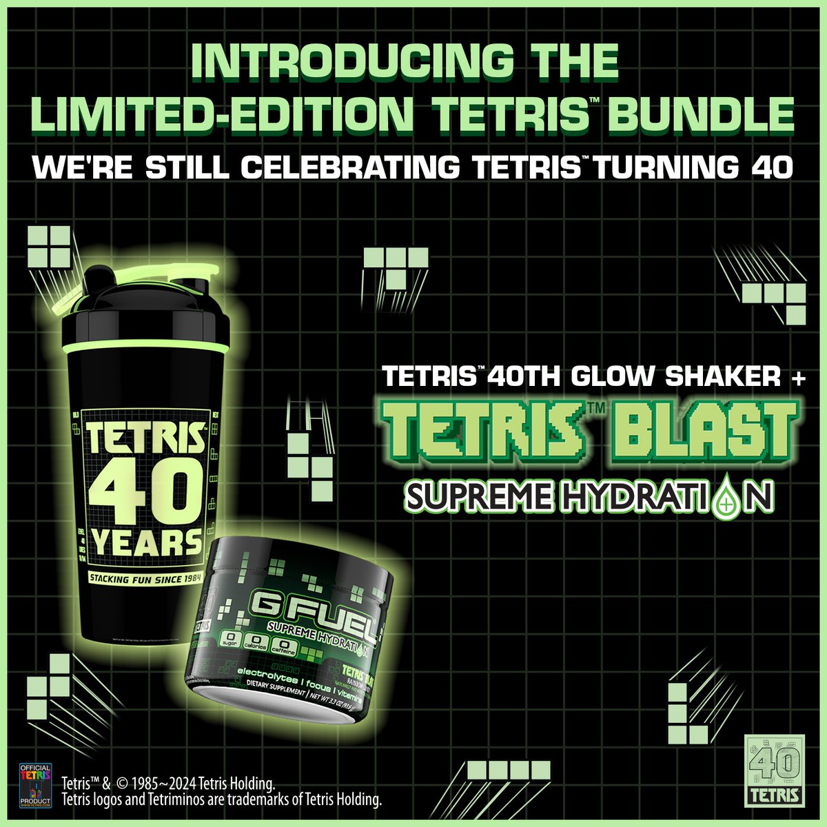 GFuelEnergy's tweet photo. 🧩 𝗖𝗢𝗠𝗜𝗡𝗚 𝗦𝗢𝗢𝗡: The #Tetris x #GFUEL "𝗧𝗘𝗧𝗥𝗜𝗦 𝗕𝗟𝗔𝗦𝗧" 40th Anniversary Edition HYDRATION BUNDLE! @Tetris_Official 🎉

💚 𝗥𝗧 to win a BUNDLE! 2 winners picked on launch day!

📮 𝗝𝗢𝗜𝗡 𝗪𝗔𝗜𝗧𝗟𝗜𝗦𝗧: https://t.co/hs4g7qGQit https://t.co/fUjiS13QKN