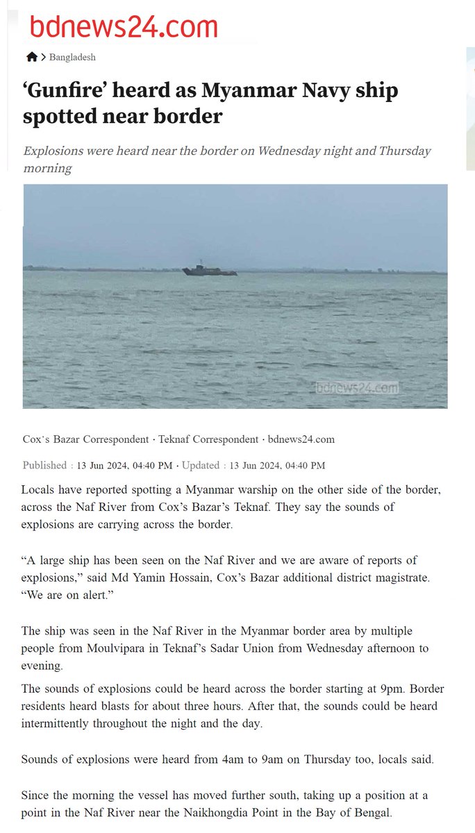 alampmo's tweet photo. Burma itself in a civil war. Junta lost 80 % area. In this situation, the attack on bd navy ship in St. Martins and Teknaf shaking with the sound of Myanmar mortar shells, local people in fear - these are unusual news. There must be some big power behind these steps.@StateDept https://t.co/3AccQuvrnA