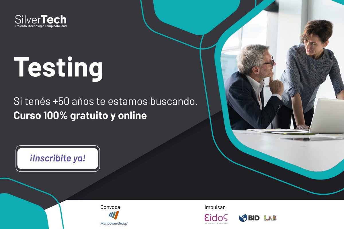manpowergroupAR's tweet photo. El talento no tiene edad #SilverTech 🚀 un programa pensado para personas de +50 años con habilidades digitales que busque potenciar su talento y transformar su vida laboral. 💪💻 Es 100% online y gratuito 📣👉🏻 Inscribite en: https://t.co/lznL5oPXdu
#ExperisArgentina #QA #Tester https://t.co/S5KsxoFVCr