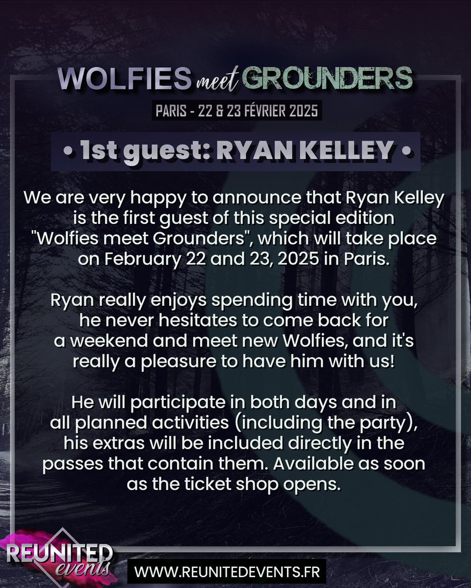 #WolfiesMeetGrounders C’est avec plaisir qu’on vous annonce que Ryan Kelley sera présent les 22 &amp; 23 Février 2025 à Paris, on espère que son annonce vous plait🥰🔥
// We are very happy to announce that Ryan Kelley will be present on February 22 &amp; 23, 2025 in Paris😍🔥