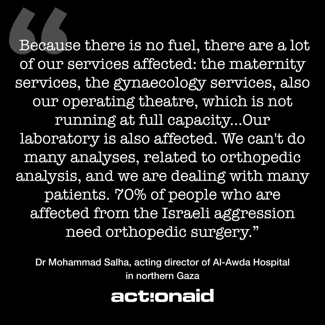 ActionAidUK's tweet photo. Dr Mohammad Salha sends an update from Al-Awda Hospital in northern Gaza, which was under siege by the Israeli forces for the second time in May. The hospital has been without deliveries of fuel, medicine &amp; medical supplies for 50 days now, with a devastating impact on patients. https://t.co/sv15h0fmoe
