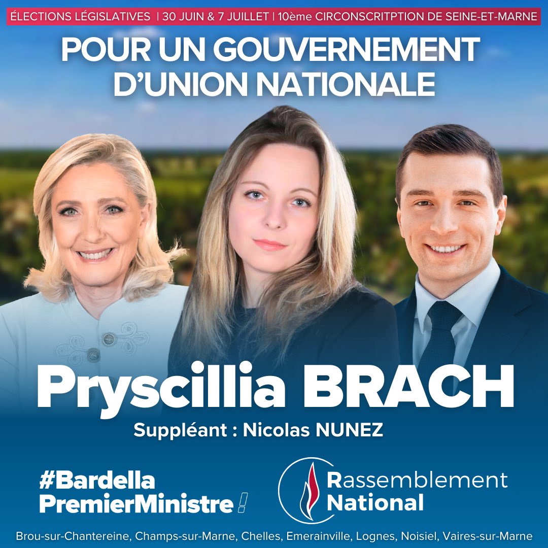 Ne laissons pas notre belle circonscription tomber entre les griffes de l'extrême-gauche ! Le 30 juin et 7 juillet, tous aux urnes ! 🗳️🇫🇷

#Chelles #BrouSurChantereine #ChampsSurMarne #Emerainville #Lognes #Noisiel #VairesSurMarne 

#LegislativesAnticipées #LE2024 #LE24