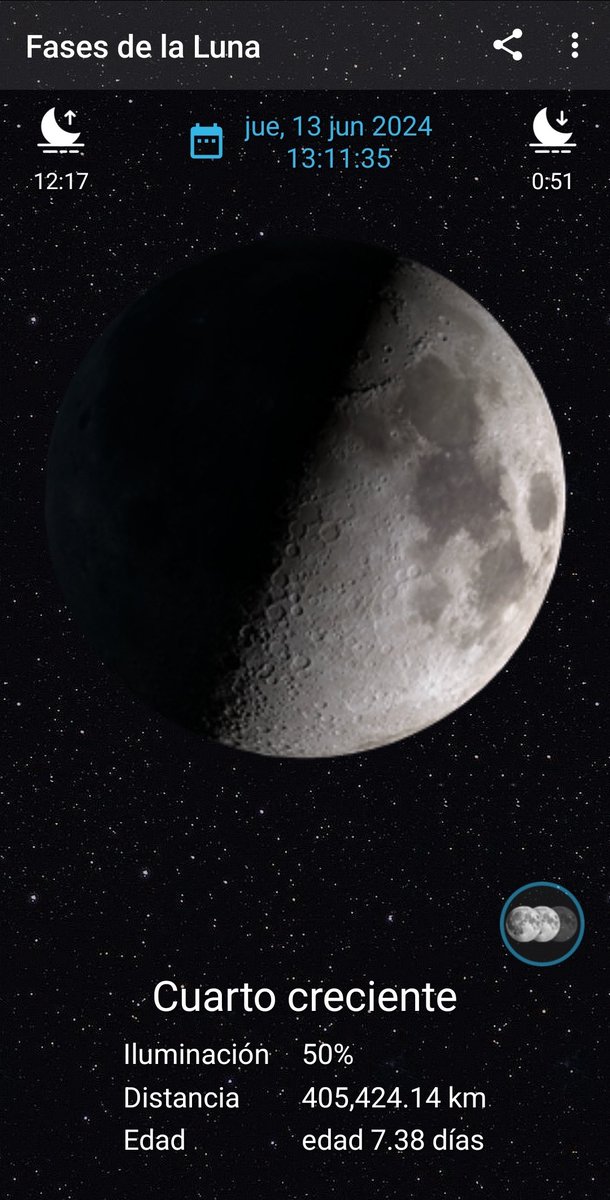 Hoy jueves 13 de junio de 2024, la #Luna en cuarto creciente.