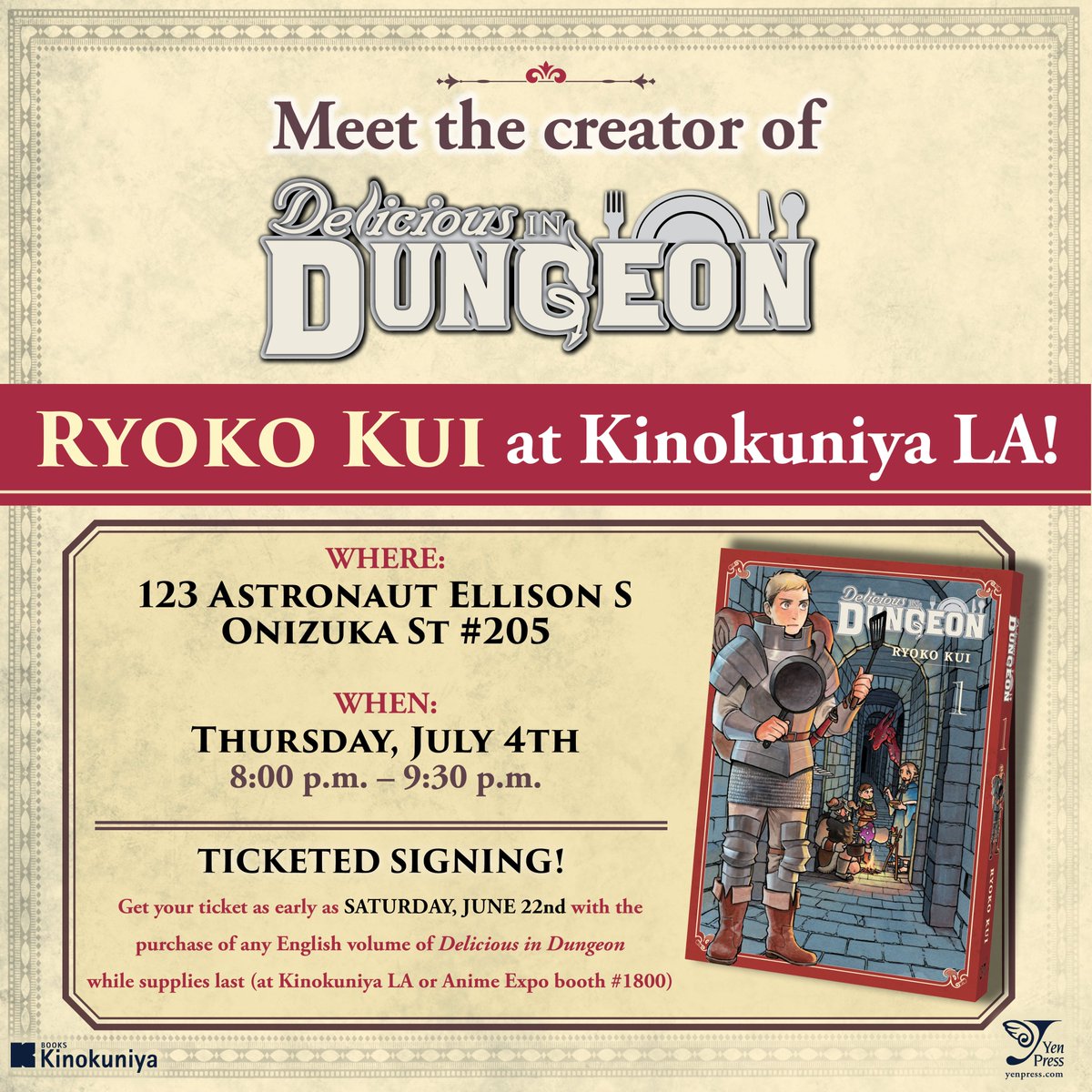 KinokuniyaUSA's tweet photo. In collaboration with @yenpress , we are honored to announce Delicious in Dungeon creator, Ryoko Kui will be coming to Kinokuniya Los Angeles for a signing event 7/4 at 8pm! Receive a signing ticket, and get your EN Delicious in Dungeon manga &amp; official merchandise autographed! https://t.co/jfDSVxiPMW