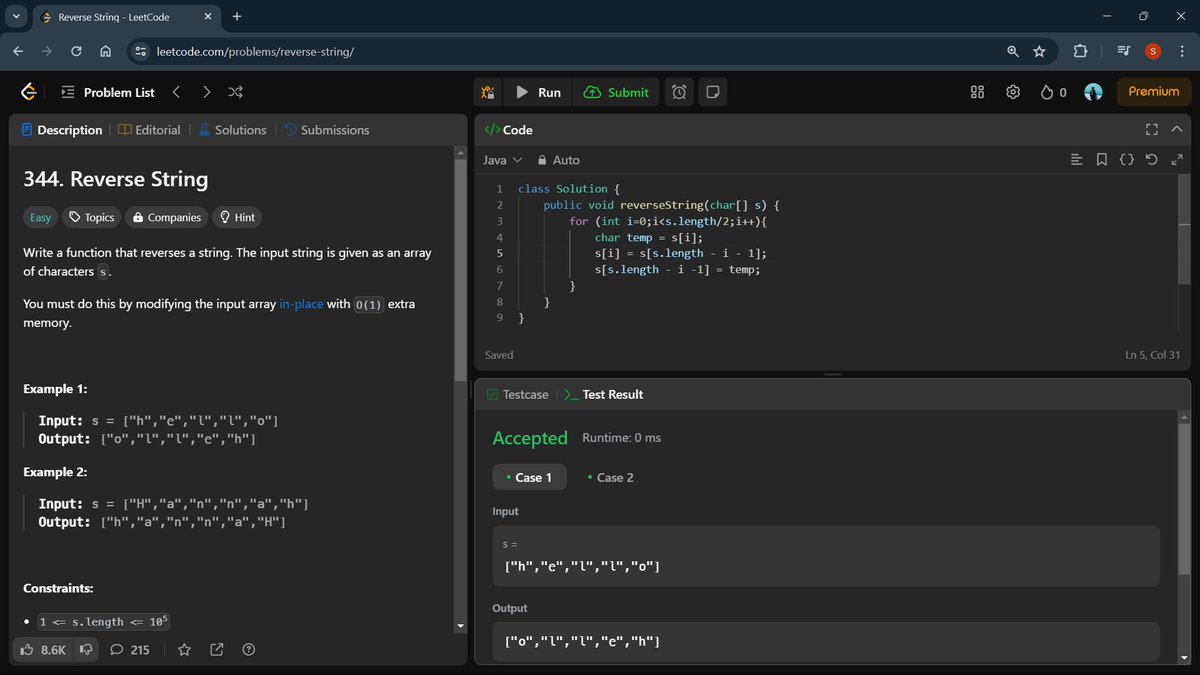 #100DaysOfCode #DAY39
Today's <a href="/LeetCode/">LeetCode</a>  question :

Q. Reverse String
#100daysOfCodeingChallenge #Java #LeetCode #Connect
