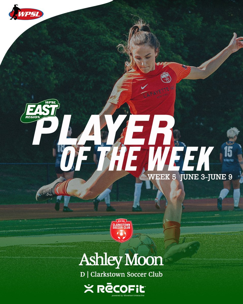 Ashley Moon of @clarkstownsc wins #WPSLEast 𝗣𝗹𝗮𝘆𝗲𝗿 𝗼𝗳 𝘁𝗵𝗲 𝗪𝗲𝗲𝗸
sponsored by Recofit! She is an outside back defender who had 1 goal and 2 assists to help win 2 games. Ashley also plays for The University of Pittsburgh @Pitt_wsoc ⚽