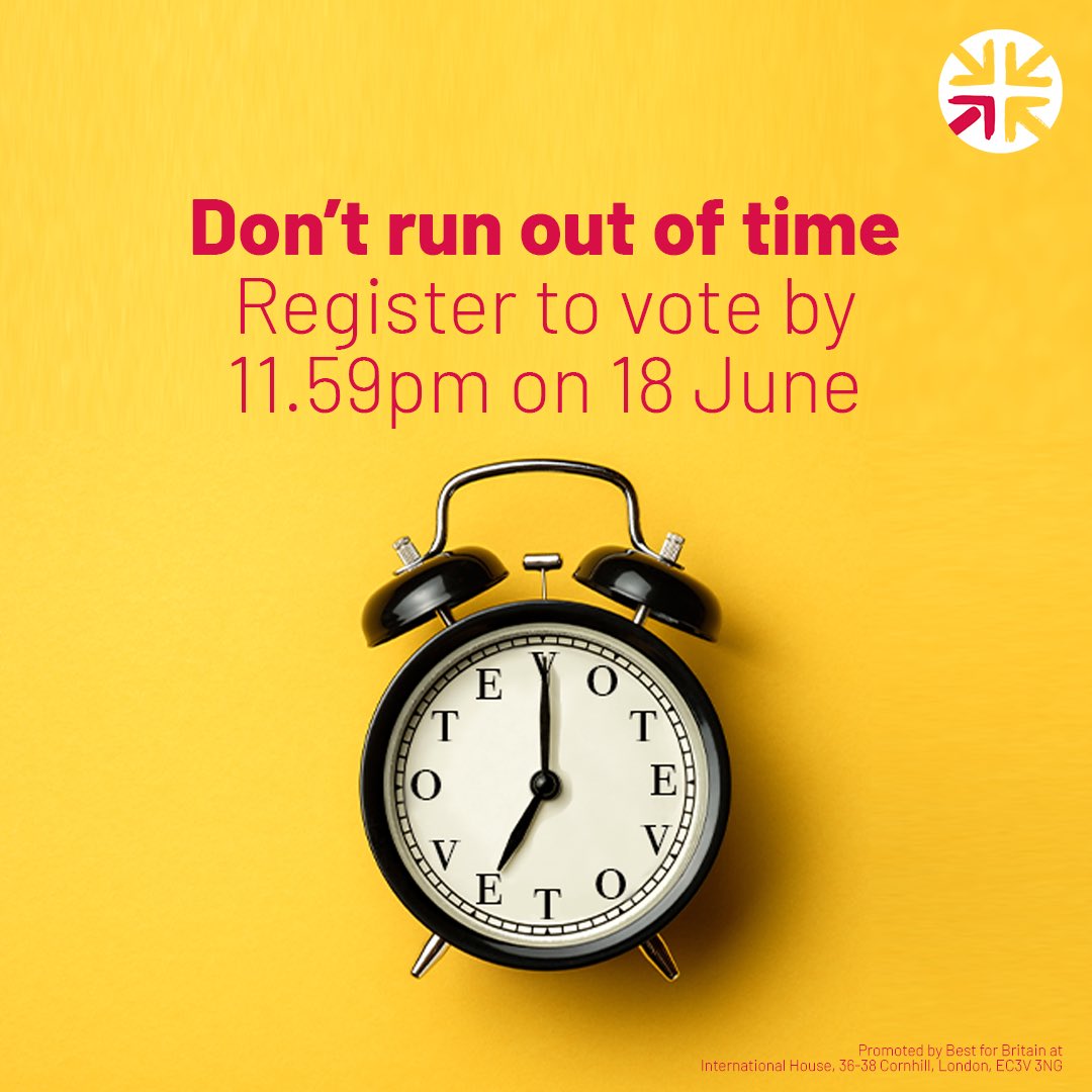Five days left to register to vote. It takes just a few minutes. 

Don’t run out of time. Please share! Gov.uk/register-to-vo…