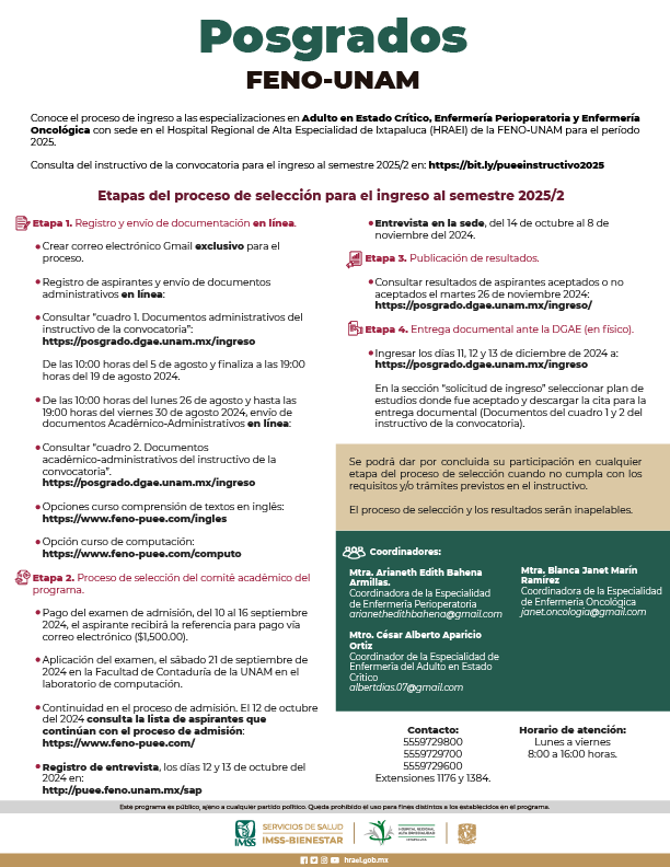 HRAEIxtapaluca's tweet photo. #HRAEIConvoca
#Posgrados de #Enfermería | #FENO - #UNAM 2025
¡Con sede en el #HRAEI!
🔹Enfermería Perioperatoria
🔹Enfermería Oncológica
🔹Adulto en Estado Crítico
Consulta toda la información 👇🏻
🔗https://t.co/dDK8YvTmVI https://t.co/3bDCrD9oUI