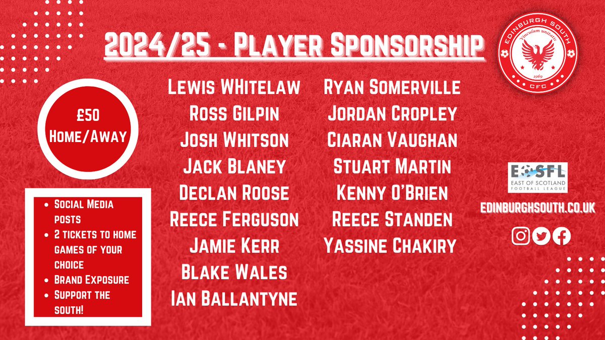 Edinsouthfc's tweet photo. PLAYER SPONSORSHIP 🤝

We are on the lookout for people to get involved in our player sponsorship. 

Each player is available for home and away sponsorship at £50 for each. 

We’ve included an example of our sponsor graphic will look! https://t.co/FQ7saOEMm9