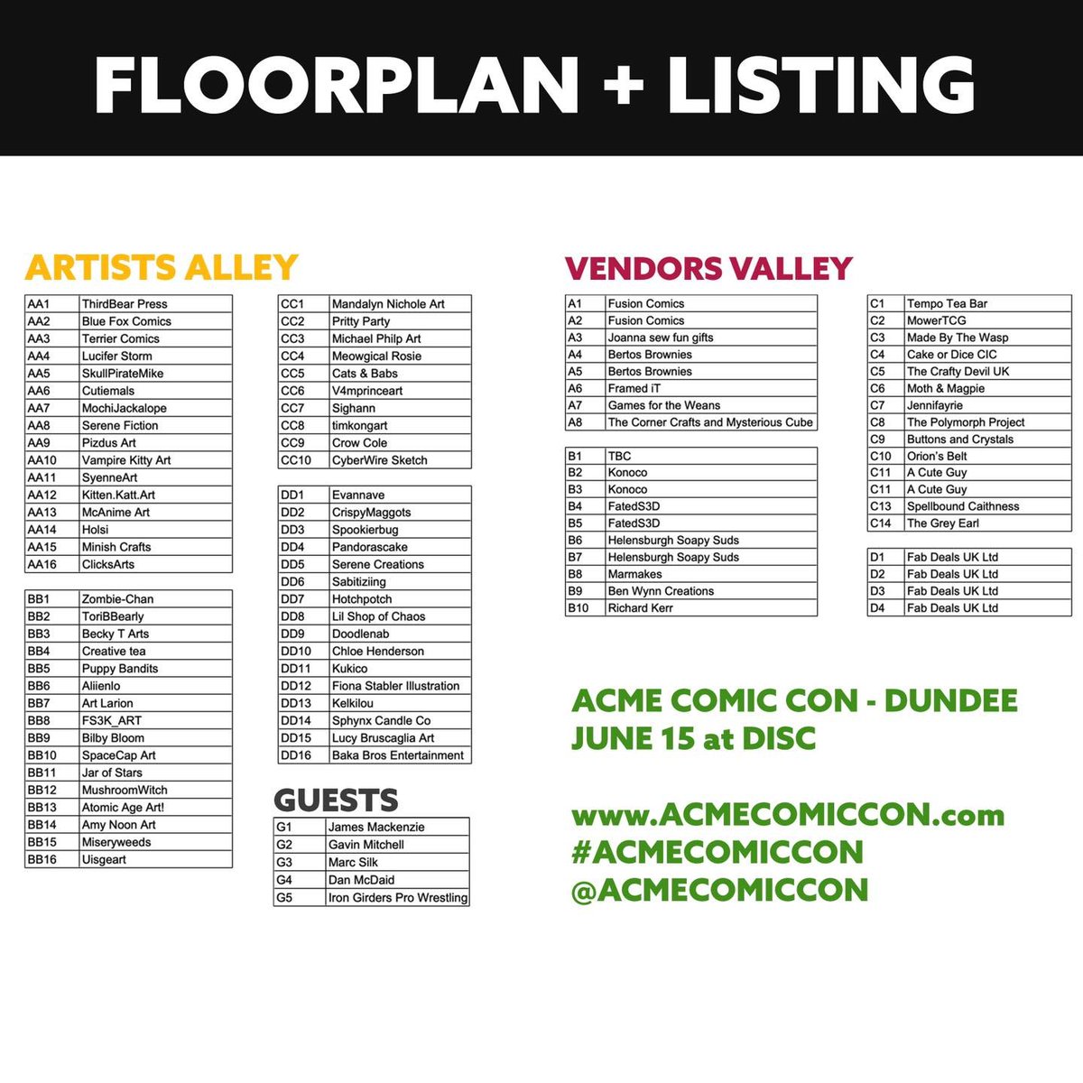 FFComicCon's tweet photo. Itโs almost time for Comic con Dundee! ๐ท
Here is Saturdays floorplan showing where you can find your favourite vendors.๐ท
Will you be joining us?
https://t.co/jKbYILjJi9
#forthefans #scottishcosplay #cosplayuk #acmecomiccon #scotlandcomiccon #acme #dundeecity #raicon #dundee https://t.co/o7JyWGydKj