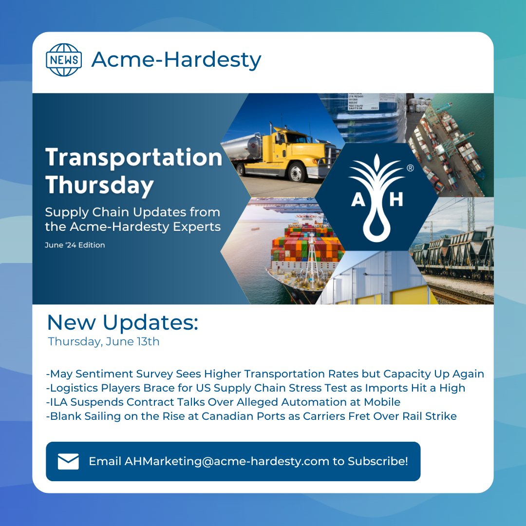 ✉️ Never miss a #TransportationThursday! Request your copy and subscribe by emailing ahmarketing@acme-hardesty.com.

#transportationthursday #transportation #redsea #supplychain #supplychainnews #acmehardestydistribution #shipping #logistics #oceanfreight #freight