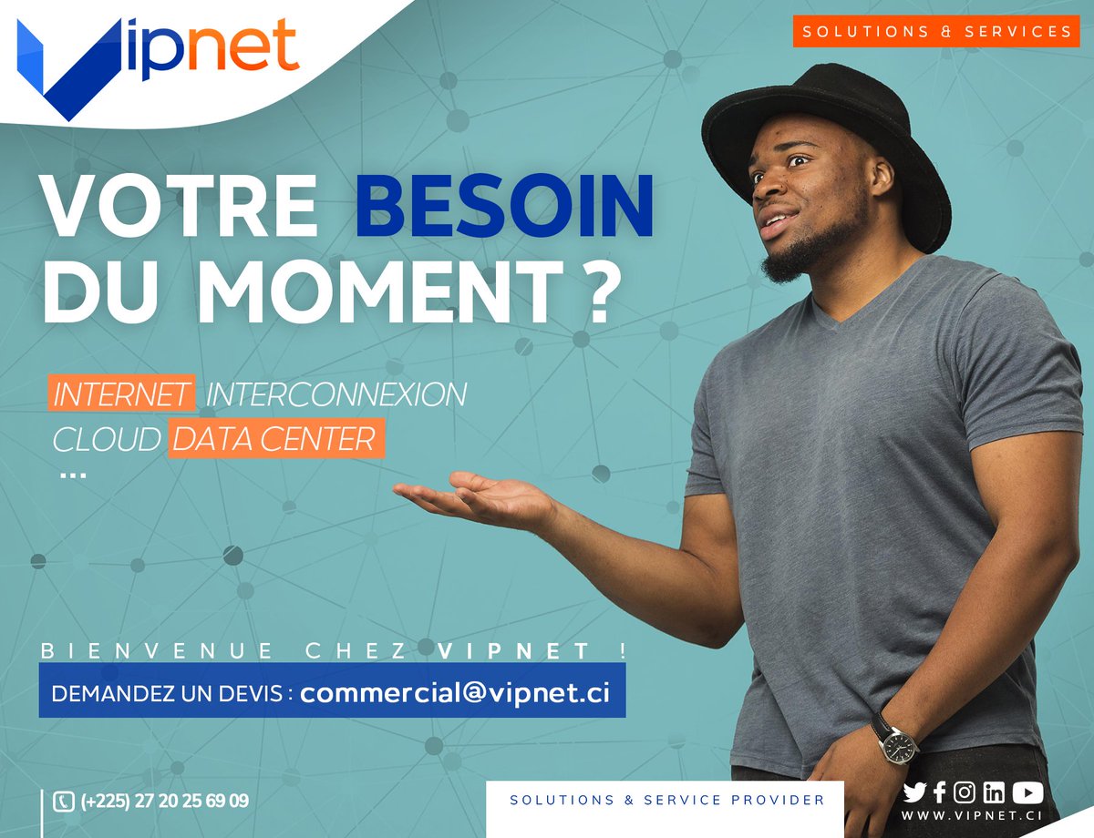 VIPNET_CI's tweet image. Alors en matière Services et Solutions Télécom, c'est quoi votre besoin du moment ?
Bienvenue 🤩😎
RDV sur notre site web 👉🏾 vipnet.ci
📞 (+225) 27 20 25 69 09 / (+225) 27 22 52 62 00
ou par Email : 📩 commercial@vipnet.ci
#vipnetci
#Telco