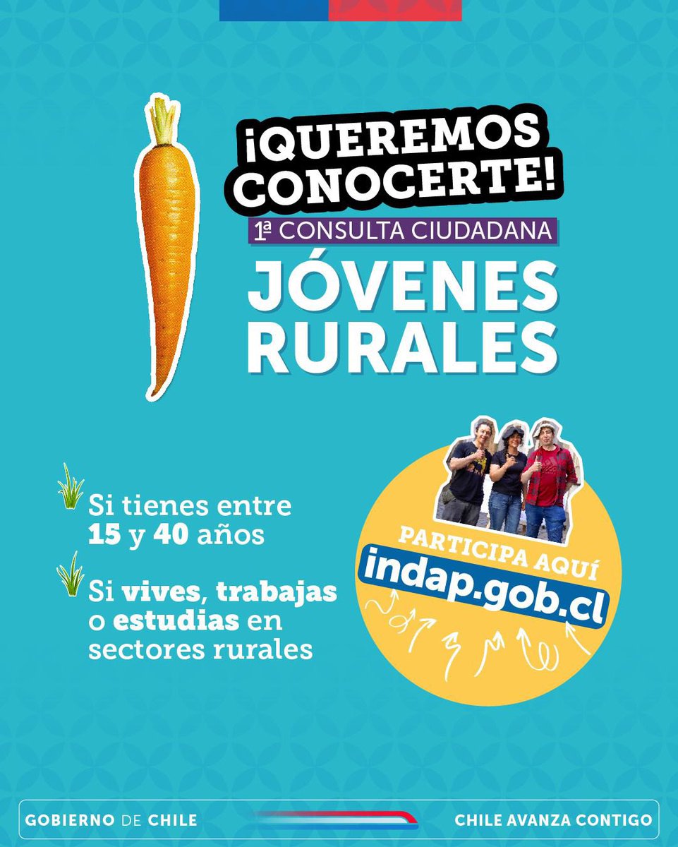 INDAP e INJUV  invitan a todas las personas entre 15 y 40 años, que vivan, estudien o trabajen en sectores rurales, a completar la Primera Consulta Ciudadana para Jóvenes Rurales 👉🏼 ee.encuestas.indap.cl/x/BJSKBq5g

Tu participación es clave ☝️