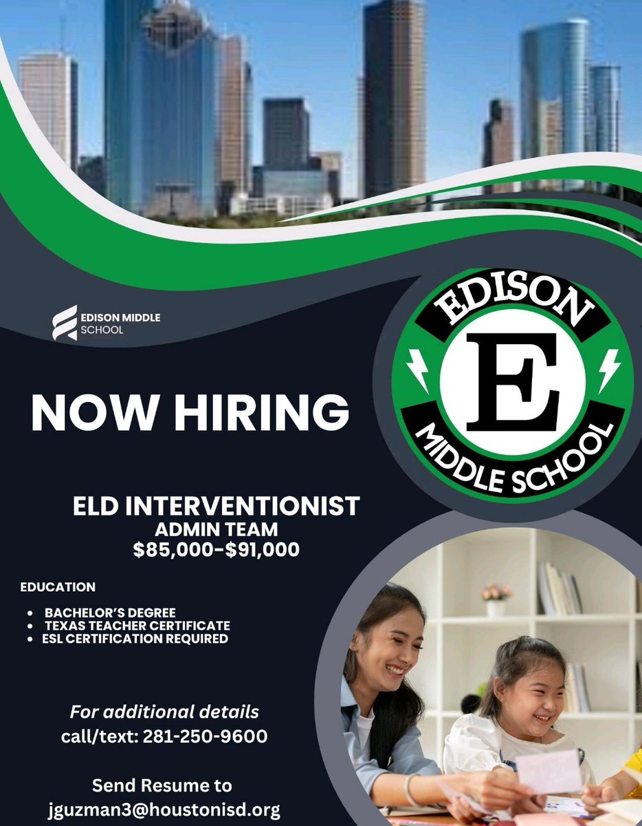 Edison Middle School (@edison_school) on Twitter photo Ready to join a school with a culture of high performance? Email me your resume!!!
@HISDCentral @TeamHISD <a href="/HoustonISD/">Houston ISD</a> <a href="/MrGuzmanHISD/">Johnatan Guzman</a> <a href="/donawhi/">Donna Dickson-White</a> <a href="/maiyamoore26/">Mrs. Moore</a> Ready to join a school with a culture of high performance? Email me your resume!!!
@HISDCentral @TeamHISD <a href="/HoustonISD/">Houston ISD</a> <a href="/MrGuzmanHISD/">Johnatan Guzman</a> <a href="/donawhi/">Donna Dickson-White</a> <a href="/maiyamoore26/">Mrs. Moore</a>
