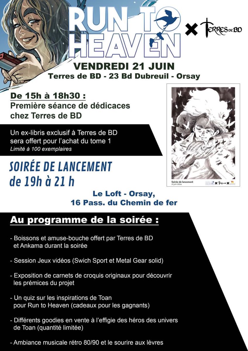 Roshio_dpg's tweet photo. Au fait les amis ! 🕺

J’ai organisé avec Toan une soirée de lancement après la dédicace chez Terres de BD !

Ce sera le 21 Juin, le jour de sortie de son tome Run To Heaven 👟

Donc n’hésitez pas à passer y’aura plein de trucs cools, dont un ex-libris exclu !

Toutes les infos⬇️ https://t.co/V9IJKn6b5M