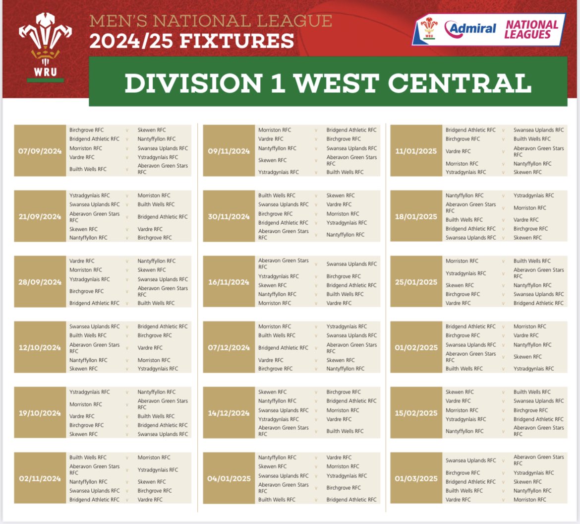 ystradbluesrfc's tweet photo. Our 1st XV fixtures for season 134.
Division 1 West Central. Please note that the 14th September is a cup week.
#BlueTown #ThePeoplesClub https://t.co/HM0e56sffi