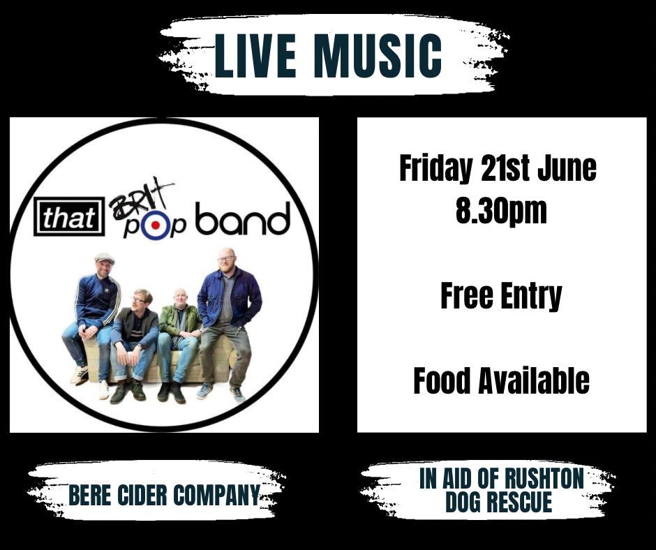 🎶🍺FRIDAY 21ST JUNE - 8:30PM🍺🎶
ENJOY A SUNNY FRIDAY NIGHT WITH SOME GREAT LIVE MUSIC FROM ‘THAT BRITPOP BAND’ 
☀️FREE ENTRY!☀️. 🍔BURGER VAN🍔

#WhereItsTo #fridaynight #summer #ciderfarm #livemusic #cider