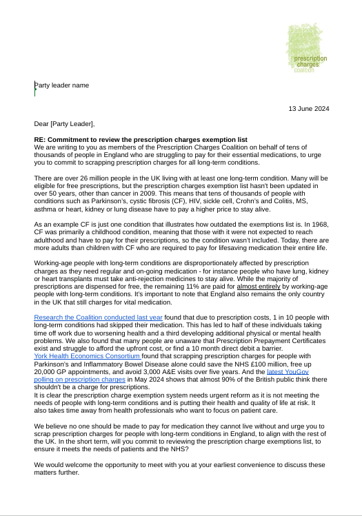 ParkinsonsUK's tweet photo. We want the next government to review the prescription charge exemption list, so people with #Parkinsons in England don't pay for vital medication like the rest of the UK. 

We signed the letter to party leaders asking them to commit to reviewing the charge #ReviewTheCharge #GE24 https://t.co/JnD60Jqzn2