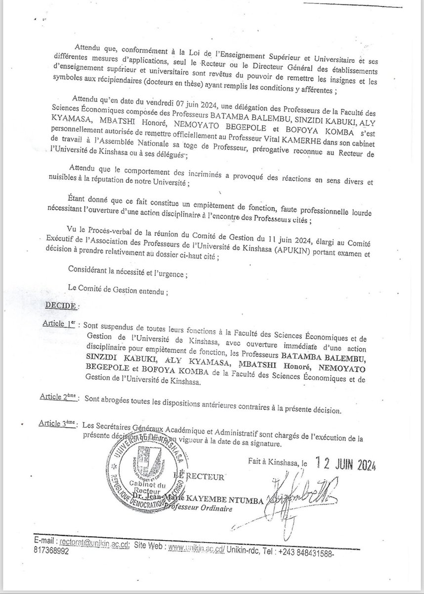 rkitsita's tweet photo. #RDC: Pour avoir pris l’initiative de remettre officiellement au Professeur Vital KAMERHE dans son cabinet
de travail à l'Assemblée Nationale sa toge de Professeur, prérogative reconnue au Recteur de l'Université de Kinshasa ou à ses délégués; Sont suspendus de toutes leurs fonctions à la Faculté des Sciences Économiques et de Gestion de l'Université de Kinshasa, les Professeurs BATAMBA BALEMBU, SINZIDI KABUKI, ALY KYAMASA, MBATSHI Honoré, NEMOYATO BEGEPOLE et BOFOYA KOMBA