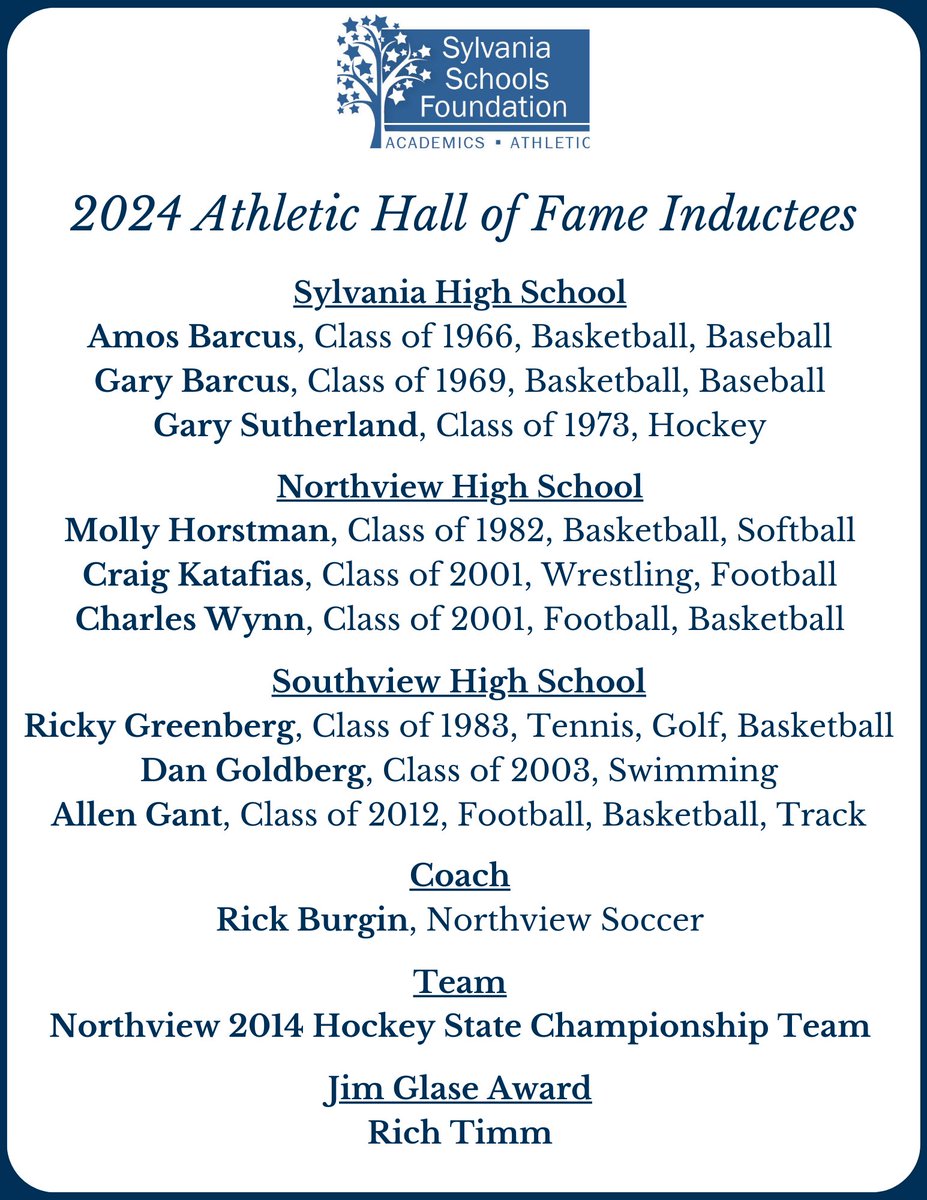 CONGRATULATIONS to our 2024 Athletic Hall of Fame inductees! We look forward to seeing you in August.  
Aug. 23 - Recognition of inductees at NV SV game
Aug. 24 - Hall of Fame Luncheon sylvaniaschoolsfoundation.org/register
#SylvaniaAlumni  #HallOfFame