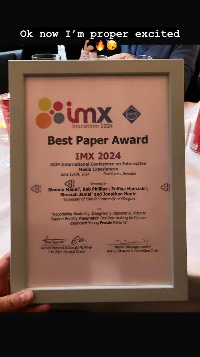 So chuffed 🥳 our paper won the best paper award at <a href="/ACMIMX/">ACM Interactive Media Experiences (IMX)</a> ! <a href="/jonathanhook/">jonathanhook</a> <a href="/drbobphillips/">Bob Phillips</a> <a href="/ZulfiyaHamzaki/">Zulfiya Hamzaki</a> so very pleased and proud of this great project and team