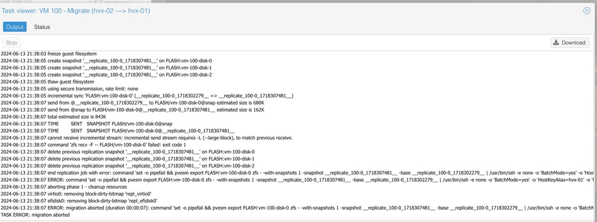 Yo les fans de virtualisation et de proxmox quelqu'un a déjà réussi à fixer le soucis de migration sur ZFS ?
j'arrive à migrer de mon node 1 vers node 2 mais plus possible de remigrer de node 2 à node 1
j'ai déjà modifier un fichier pour lui forcer les larges block <a href="/aderumier/">Alexandre Derumier🇧🇪🇨🇵🐧</a>